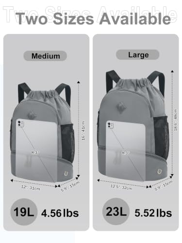 RHDZO Drawstring Backpack with Shoe Compartment and Wet Pocket, Large Gray - color: Large Gray, size: Large