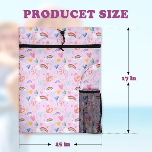 Pink Rainbow Drawstring Backpack, 15” x 17” Waterproof Swim Bag for Beach Swimming Pool, Lightweight Foldable Gym Bag with Water Bottle Holder for Sports Travel - color: Pink Rainbow