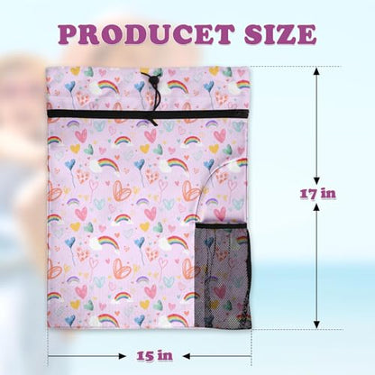 Pink Rainbow Drawstring Backpack, 15” x 17” Waterproof Swim Bag for Beach Swimming Pool, Lightweight Foldable Gym Bag with Water Bottle Holder for Sports Travel - color: Pink Rainbow