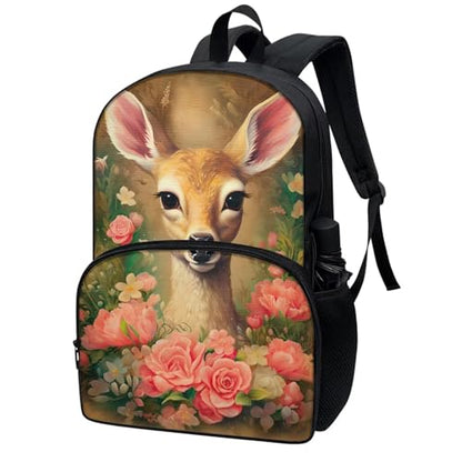 Talayituse Deer Flower Print School Backpack Bookbag Casual Backpack Student Backpack for Students Travel Hiking Camping Daypack with Front Zipper Pocket - color: Deer Flower