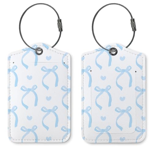 Coquette Blue Bow Luggage Tags for Suitcases 2 Pack, Cute Blue Bow Heart Pattern PU Leather Bag Tag with Privacy Cover Stainless Steel Loop, Travel Gifts for Women Teen Girls - color: Bow Blue