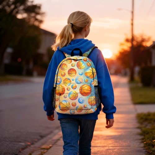 Kids Youth Basketball Backpack 16 Inch, School Bookbag for Boys Girls, Watercolor Orange Blue Print, Lightweight Polyester Daypack with Side Pocket, Front Zipper, Padded Straps, 15.4x11.8x4.7 in - color: Basketball