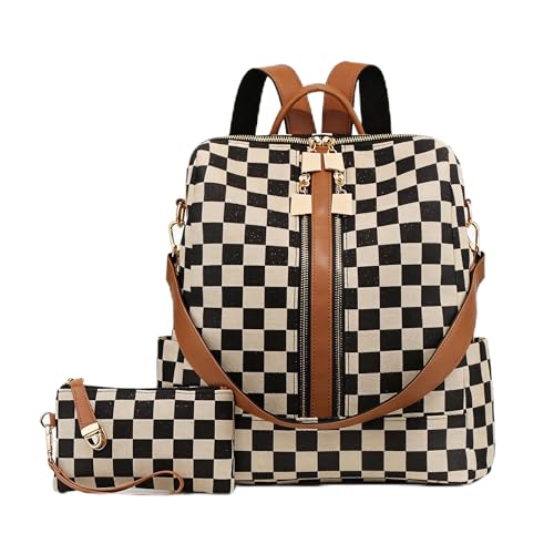 Women's Backpack with Wristlet Set, Large Capacity Tote Backpack for Women, Fashion Travel Backpack & Stylish Mommy Bag (Brown Chessboard) - color: Brown Chessboard