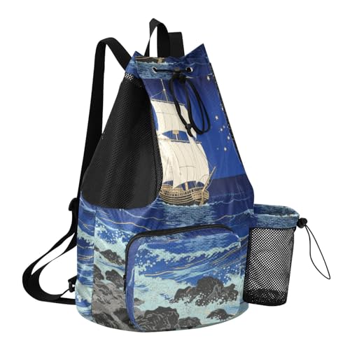 Drawstring Gym Bag With Inside Pockets Women Mens Drawstring Backpack with Wet Dry Compartments Japanese Ocean Boat