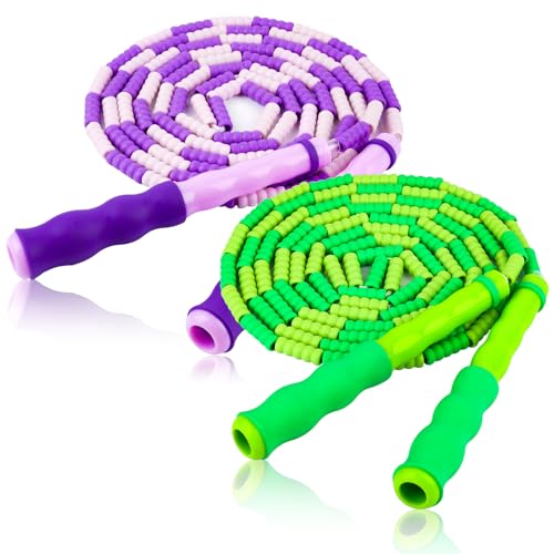 Jump Rope for Kids, Adjustable Jump Ropes for 4 5 6 7 8 10 12, Tangle Free Jumping Rope Age 8-12, Segmented Soft Beaded Skipping Rope for Women Fitness - color: Green and Purple