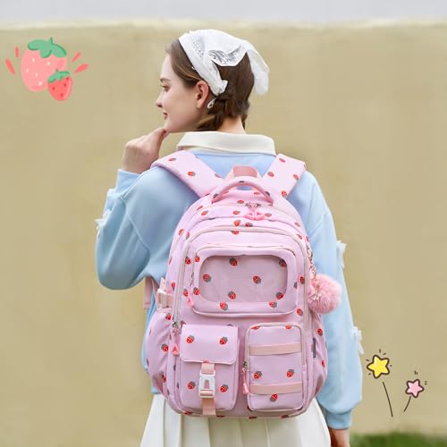 AO ALI VICTORY Backpack for Girls with Lunch Bag Kids School Bags for Elementary Middle School Students Cute Bookbag (strawberry) - color: Strawberry