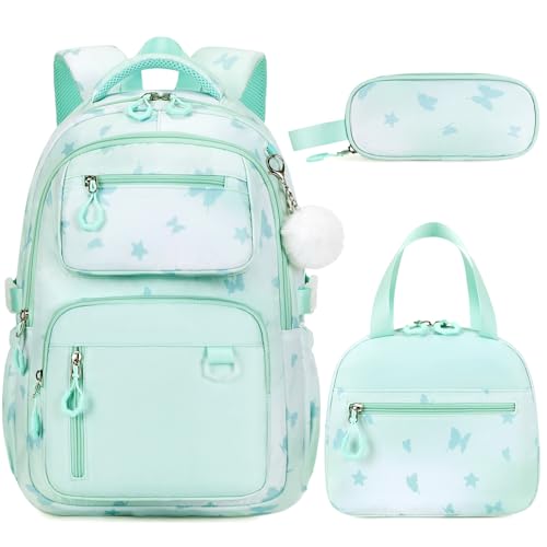 Bevalsa Backpack for Girls 3PCS Teen Girls Backpack for School with Lunch Bag Pencil Case Green Cute Kids Laptop Backpacks Bookbag for Elementary Middle High School College Student (Butterfly) - color: Green Butterfly