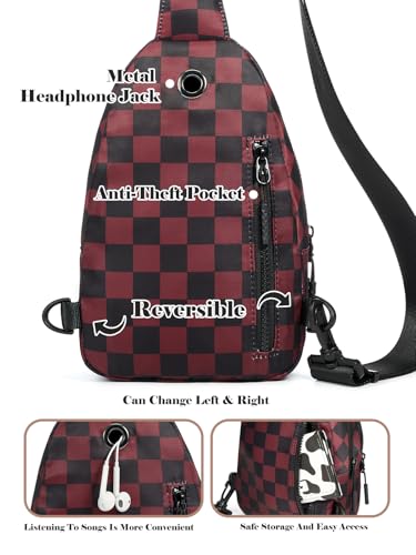 Checkered Sling Bag for Women Small Backpack Crossbody Chest Bag Fanny Packs Purses - color: Checkered Sling Bag - Wine Red Black