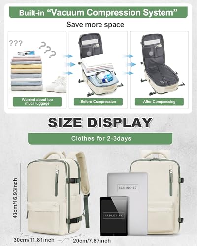 Vacuum Backpack Travel with Pump Carry on Luggage Flight Approved Essentials Personal Item Travel Bag with Vacuum System Waterproof Compression Backpack for Women Men Mochila de Viaje Beige Green - color: A10-beige Green