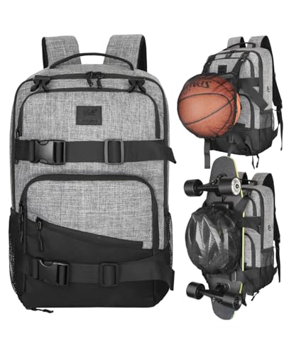 WOLT Skateboard Backpack, 15.6 Inch Laptop Backpack for Men Women, Sports Backpack with Ball Holder - color: Grey