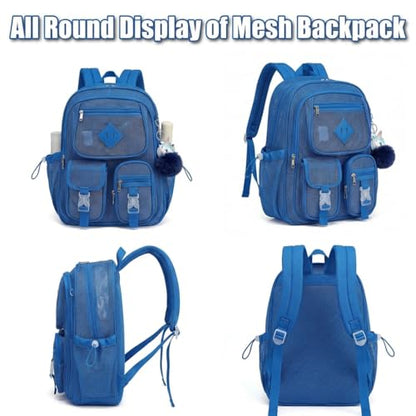 Mesh Backpack for Girls Boys, Heavy Duty Semi-Transparent Mesh Bookbag Womens Mens Mesh Backpacks for School, Sports, Beach, Swimming, Travel - Royal Blue - color: Royal Blue