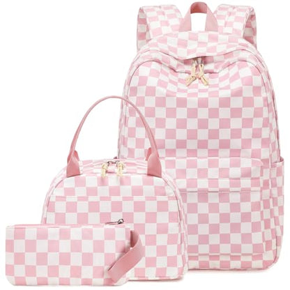 LEDAOU Backpack for Girls School Bag Kids Bookbag Teen Backpack Set Daypack with Lunch Bag and Pencil Case | Kids - color: Grid - Pink and White