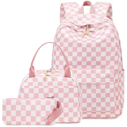 LEDAOU Backpack for Girls School Bag Kids Bookbag Teen Backpack Set Daypack with Lunch Bag and Pencil Case | Kids - color: Grid - Pink and White