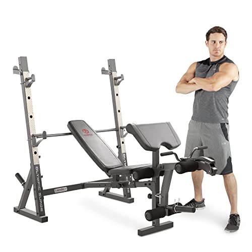 Marcy Olympic Workout Bench for Home Gym Strength Training Equipment with Preacher Curl Pad and Weight Rack Storage, White/Black - style: Standard