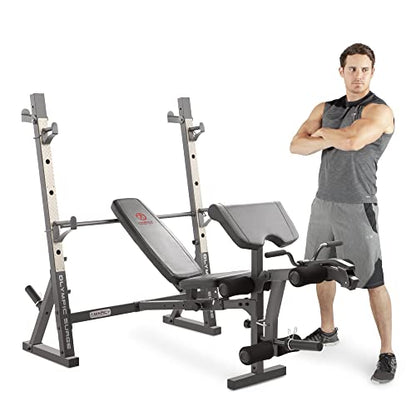 Marcy Olympic Workout Bench for Home Gym Strength Training Equipment with Preacher Curl Pad and Weight Rack Storage, White/Black - style: Standard