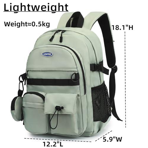 Leaper School Laptop Backpack for Women: Water Resistant Travel Backpack with Water Bottle Pocket - Laptop Bag for College Work - Lightweight Bookbag for Kids Girls Boys Green