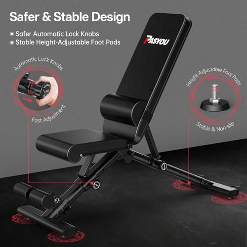 PASYOU Adjustable Weight Bench, 880 lb Capacity - Weight Bench Foldable, Incline Decline Flat Press Bench, with Lumbar Support, Compact Weight Benches for Home Gym, Suitable for Small Spaces
