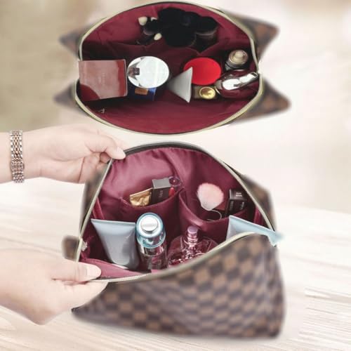 Makeup Bag,4 Pcs Brown Checkered Bags Set,Portable with Adjustable Partition,Large Capacity Pouch for Travel Cosmetic Organizer, Coin Purse, Brushes Bag,Toiletries,Waterproof,Designer for Gift