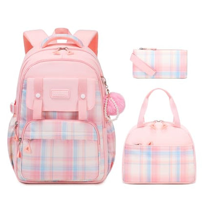 MUSEVOS Girls Backpack with Lunch Bag, Kindergarten Elementary Middle School Backpack, Multiple Compartments Large Capacity Kids Bookbag 3 Pcs Set(Pink) - color: Pink-3pcs Set