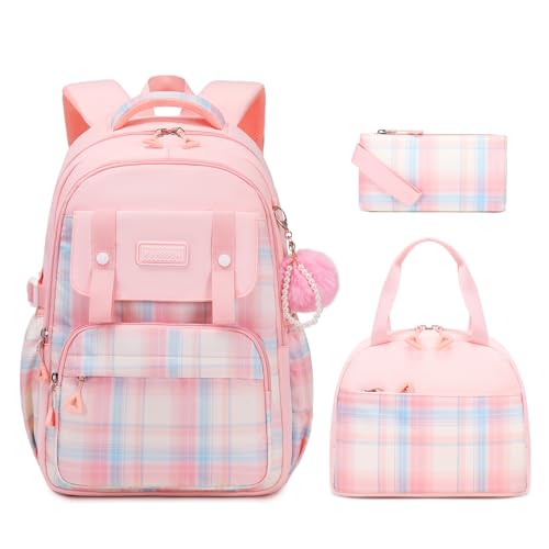 MUSEVOS Girls Backpack with Lunch Bag, Kindergarten Elementary Middle School Backpack, Multiple Compartments Large Capacity Kids Bookbag 3 Pcs Set(Pink) - color: Pink-3pcs Set