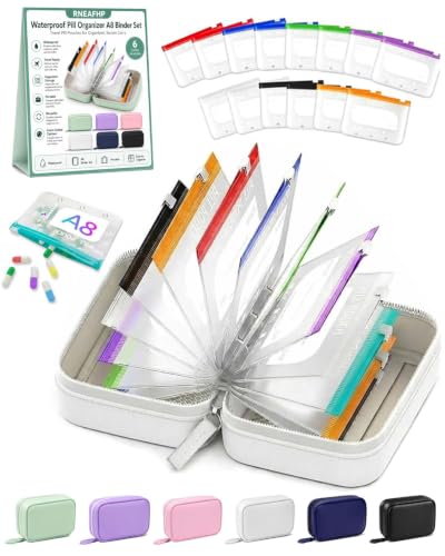 Waterproof Pill Organizer A8 Binder Set Pill Pouches for Travel 14PCS Bags Inside Large Zippered Pouch Bpa-Free Weekly Medicine Air Tight Pocket Color-Coded Reusable Travel Storage System - color: White