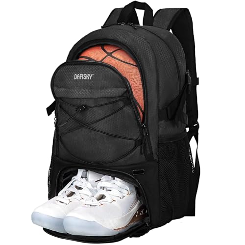 DAFISKY Basketball Backpack Sports Bag | Basketball Bag with Shoe Compartment and Ball Holder, 30L Large gym bag for boys girls - color: Black
