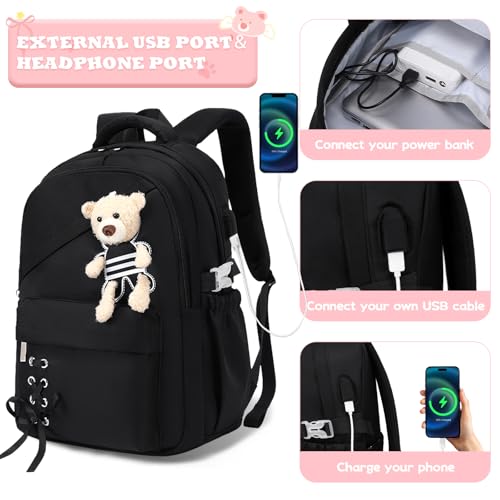 ACESAK School Backpack for Girls - 3 PCS Cute Girls Backpack with Lunch Box & Pencil Case - Kawaii Casual Kids Bookbag School Bag Daypacks Set for Elementary Middle High School Student Teens (Black) - color: Black