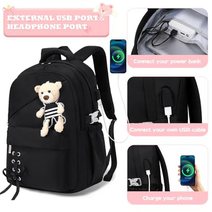 ACESAK School Backpack for Girls - 3 PCS Cute Girls Backpack with Lunch Box & Pencil Case - Kawaii Casual Kids Bookbag School Bag Daypacks Set for Elementary Middle High School Student Teens (Black) - color: Black