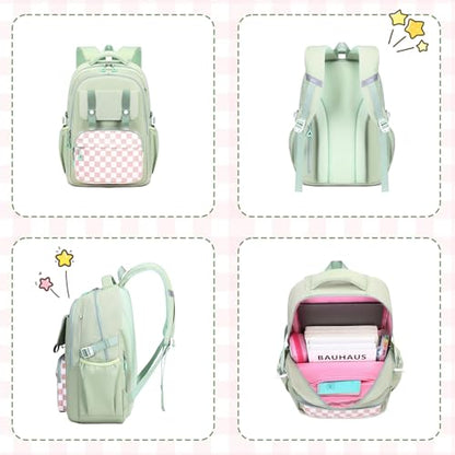 MUSEVOS Girls Backpack, Ideal School Backpack for Girls from Elementary to Teen Years, Kawaii Bookbag Cute Large Capacity, Checkered, Green - color: Green