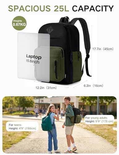 VASCHY School Backpack,Two Compartments Daypack Bookbag Schoolbag for High School Teen Boy Girls/College/Work/Men Bi-color - color: Black Green