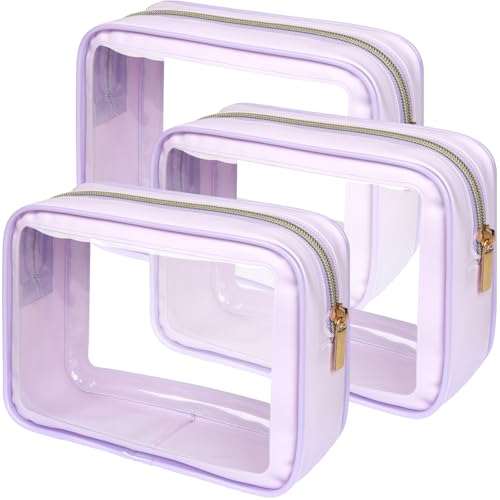 PACKISM Clear Makeup Bag - TSA Approved Toiletry Bag for Carry-on & Checked Luggage, Water Resistant Car Storage Organizer with Reinforced Seams - color: 3 Pack Purple, size: TSA Specialist (3-Pack Medium - Soft)