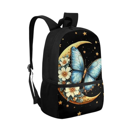 ZOUTAIRONG Backpack for School Lightweight Small Thermos School Bags for Boys Girls 7-10/10-12/12-16, Blue Butterfly Moon Flower Large Capacity Casual Backpack with Side Pockets - color: Blue Butterfly Moon Flower