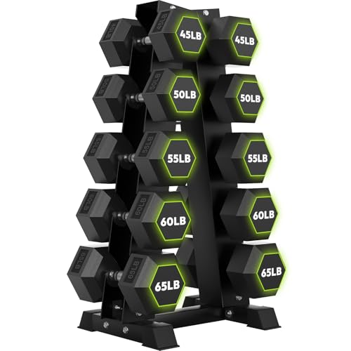 HANDBODE Rubber Coated Hex Dumbbell Set with A-Frame Rack, 100 lb - 600 lb Multiple Options Weight, Hexagon Non-Rolling Shape, Ergonomic Knurled Handle, Home Gym Equipment for Strength Training - style: 550 lb (45, 50, 55, 60, 65 lb) X 2 & Rack