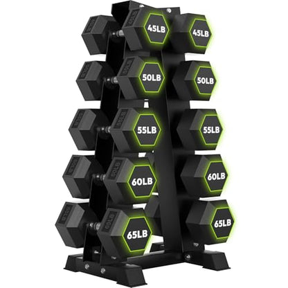 HANDBODE Rubber Coated Hex Dumbbell Set with A-Frame Rack, 100 lb - 600 lb Multiple Options Weight, Hexagon Non-Rolling Shape, Ergonomic Knurled Handle, Home Gym Equipment for Strength Training - style: 550 lb (45, 50, 55, 60, 65 lb) X 2 & Rack