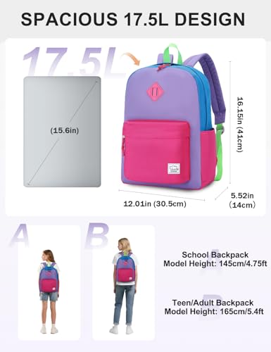 VASCHY Lightweight Backpack for School, Water Resistant Classic Bookbag with Side Pockets for Girls Kids,Teens Violet Rose Pink - color: Violet & Rose Pink