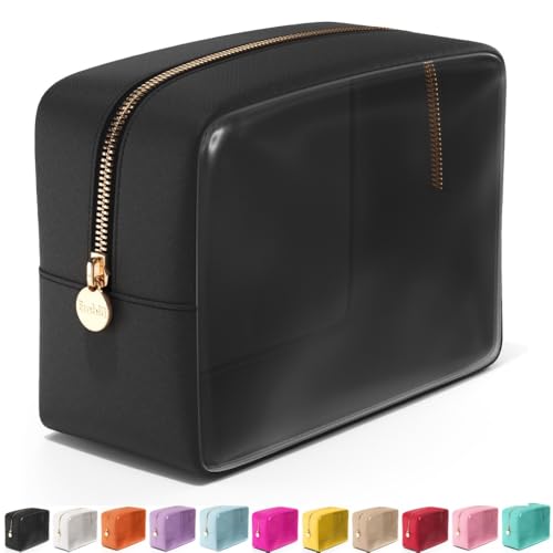 Embla Clear Cosmetic Bag Makeup Case, Clear Zipper Make Up Pouch and Toiletry Travel Tote, Cute Skincare Pouches for Women Girls, Preppy Purse Cosmetic Organizer, Large Makeup Bags, Black - color: Black, size: Large