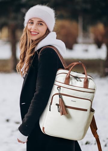 Shrrie Laptop Backpack for Women 15.6 inch Travel Leather Backpack Purse Work Computer Backpacks for Business College Beige - color: Beige