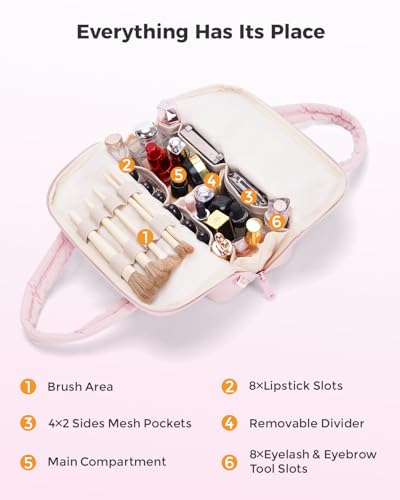 Wandering Nature Standing Makeup Bag for Travel, Portable Fold-down Cosmetic Organizer, Puffer Open Make Up Pouch with Handle & Divider & Brush Holder, Easy Clean Toiletry Bag with EVA Lining - color: A1: Pink