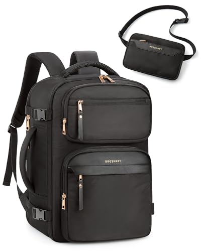 BAGSMART Womens Backpack Carry On Flight Approved, Travel Backpack for Women with Waist Bag, Traveling Lightweight Weekender Casual Daypack 17.3" Laptop Work Back pack Personal Item Travel Bag, Black - color: Black