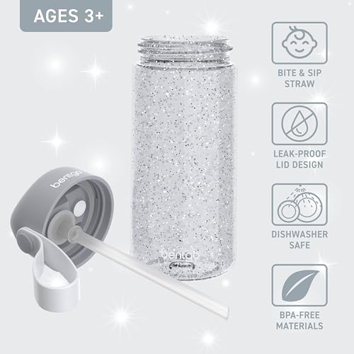 Bentgo Kids Water Bottle - Leak-Proof, Durable Tritan, BPA-Free 15 oz. Cup for Kids/Toddlers Ages 3+, Bite & Sip Spout, Carrying Handle, & Dishwasher Safe for School (Glitter Edition - Silver) - color: Glitter Edition - Silver