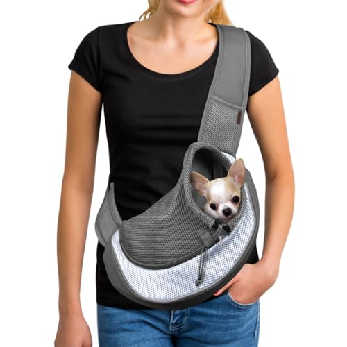 YUDODO Pet Sling Carrier for 2-5 lbs Small Dogs & Cats – Hands-Free Puppy Carrier with Safety Hook, Large Zipper Pocket, Soft Breathable Mesh, Adjustable Strap & Reflective Strip (Gray 1.0 S) - color: Gray 1.0 Basic (Zipper Pocket), size: Small (2-4.5lbs)