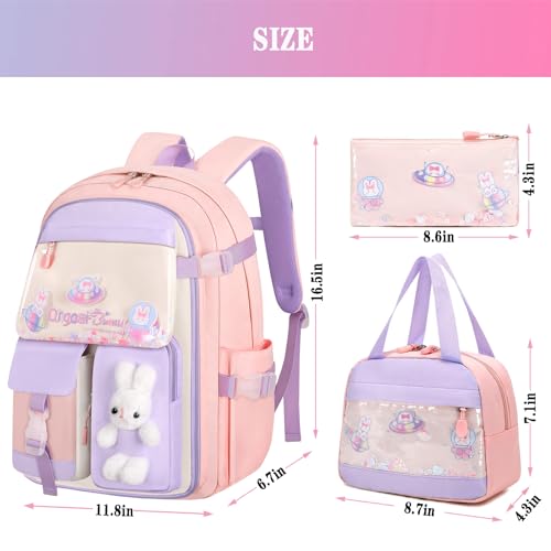 3pcs Girls Backpack With Lunch Box & Pencil Case,Cute Rabbit Kids School Backpack Set For Kindergarten & Elementary School (Style A Pink-16.5in) - color: Style A-pink