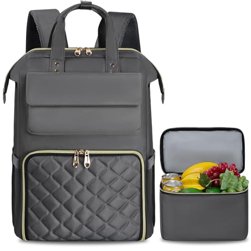 BERTASCHE Lunch Backpack for Women, 15.6 Inch Laptop Backpack with Insulated Cooler Lunch box, Nurse Backpack for Teacher Work Travel College Picnic,Grey - color: Grey, size: 15.6 inch