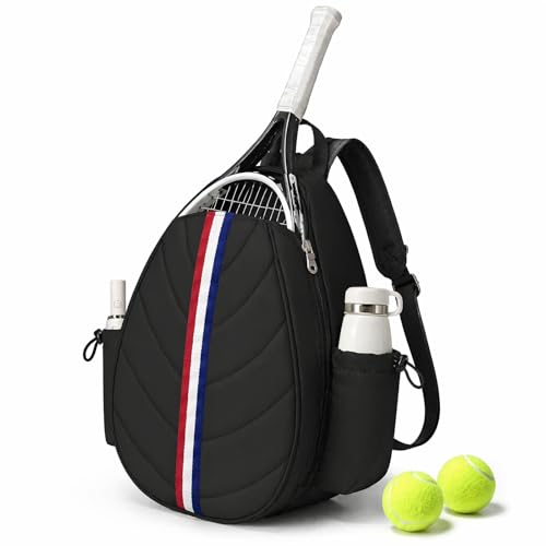 Tennis Bag, Water Resistant Tennis Backpack for Women Men, Quilted Crossbody Sling Design for Tennis, Pickleball, Badminton Rackets - color: Black