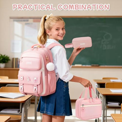 Girls Backpack, 3pcs Sets Kids Backpack for Girls with Anti-theft Back Pocket, Lightweight School Back pack Water Resistant Lunch Bag with Pencil case for Elementary Primary School, Pink - color: Pink 3pcs