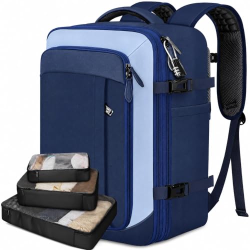 Vancropak 40L Carry On Travel Backpack, Flight Approved Expandable Weekender Bag with 3 Packing Cubes, Suitcase Backpack Fits 17" Laptop, Water Resistant Anti Theft Daypack Bag for Men Women, Blue - color: Blue