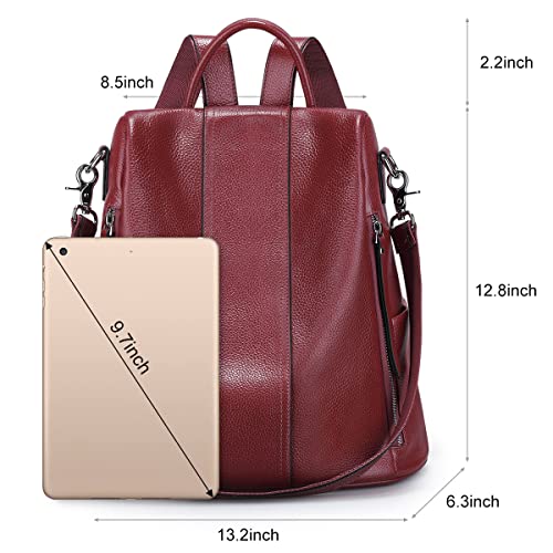 S-ZONE Leather Backpack Purses for Women Antitheft Rucksack Shoulder Bag Medium - color: Wine Red