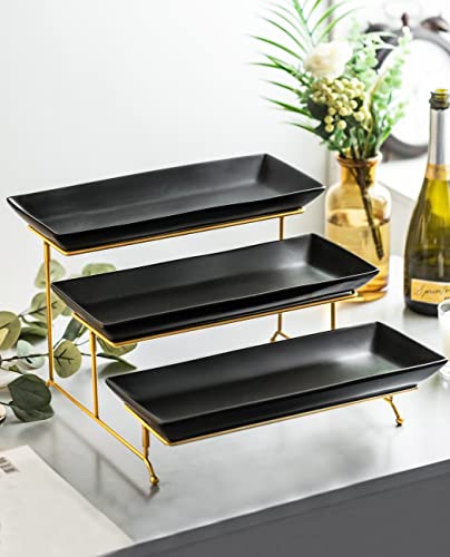 LYEOBOH 3 Tier Serving Tray Set, Tiered Serving Stand with Platters, Serving Dishes for Entertaining Halloween Christmas Party, Collapsible Sturdier Stand & 14 Inch Large Platters for Food Display - color: Black, style: 14inch Rectangle platter