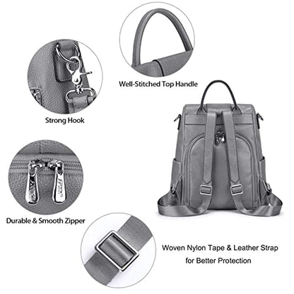 S-ZONE Leather Backpack Purses for Women Antitheft Rucksack Shoulder Bag Medium - color: Grey