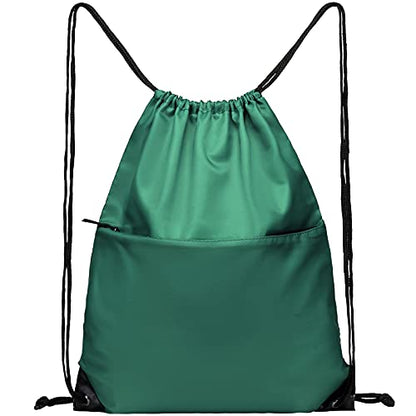 Drawstring Backpack Sports Water Resistant String Bag Sport Gym Sackpack for Women Men Large with Zipper (Hunter Green) - color: Hunter Green